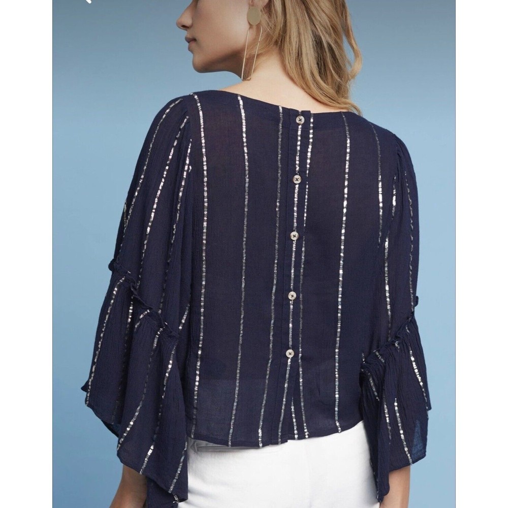 Anthropologie Navy Blue Metallic-Striped Button-Back Blouse